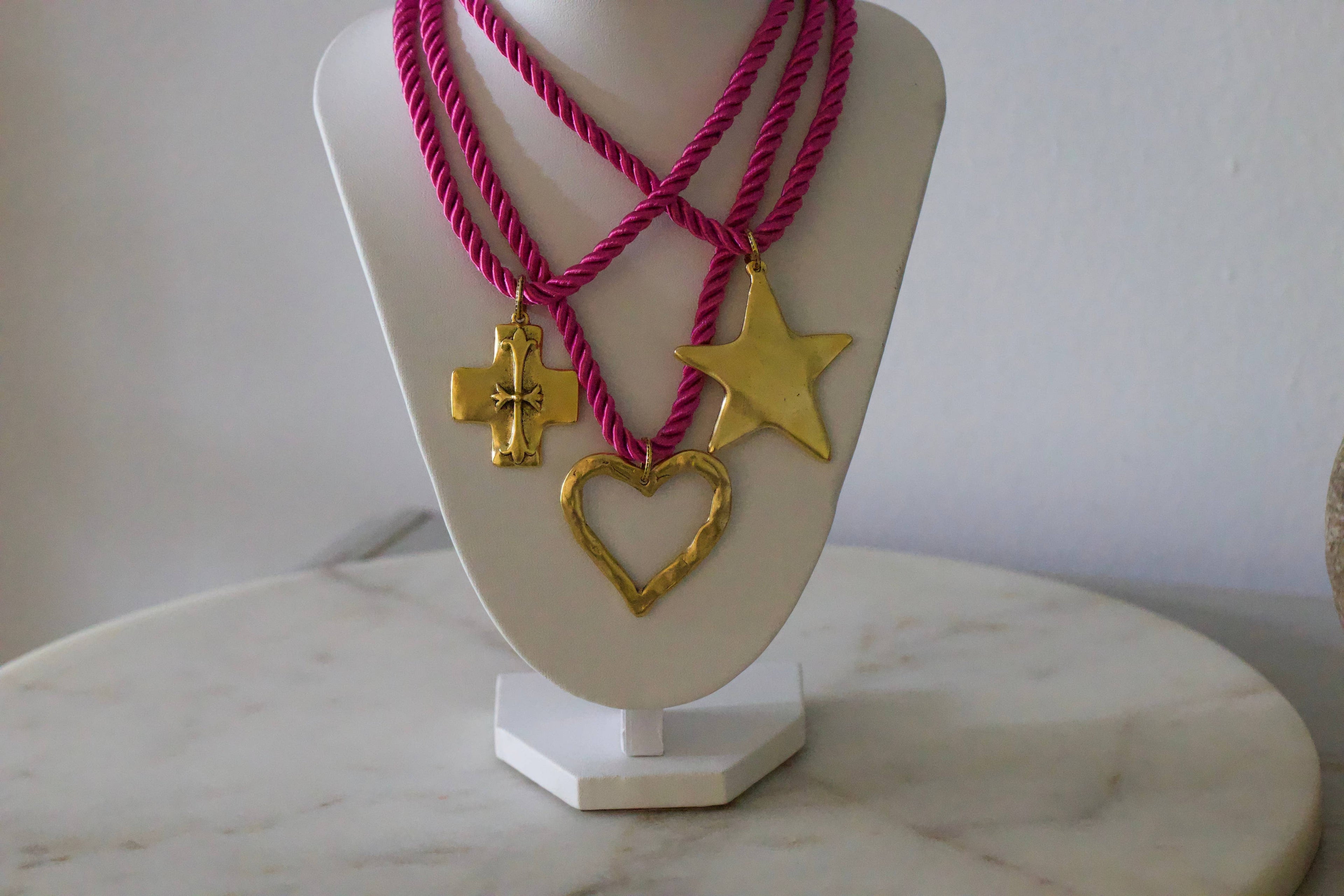 Silk Cord Pendant Necklace – Gold Star, Heart, or Cross: Crimson – Star Pendant (Red)