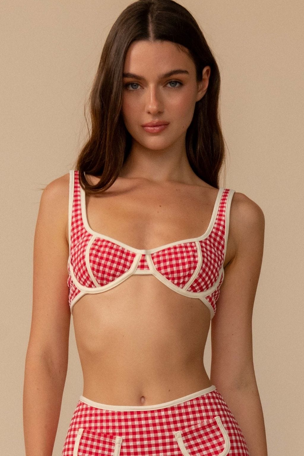 Montce Red Micro Gingham Romy Binded Bikini Top