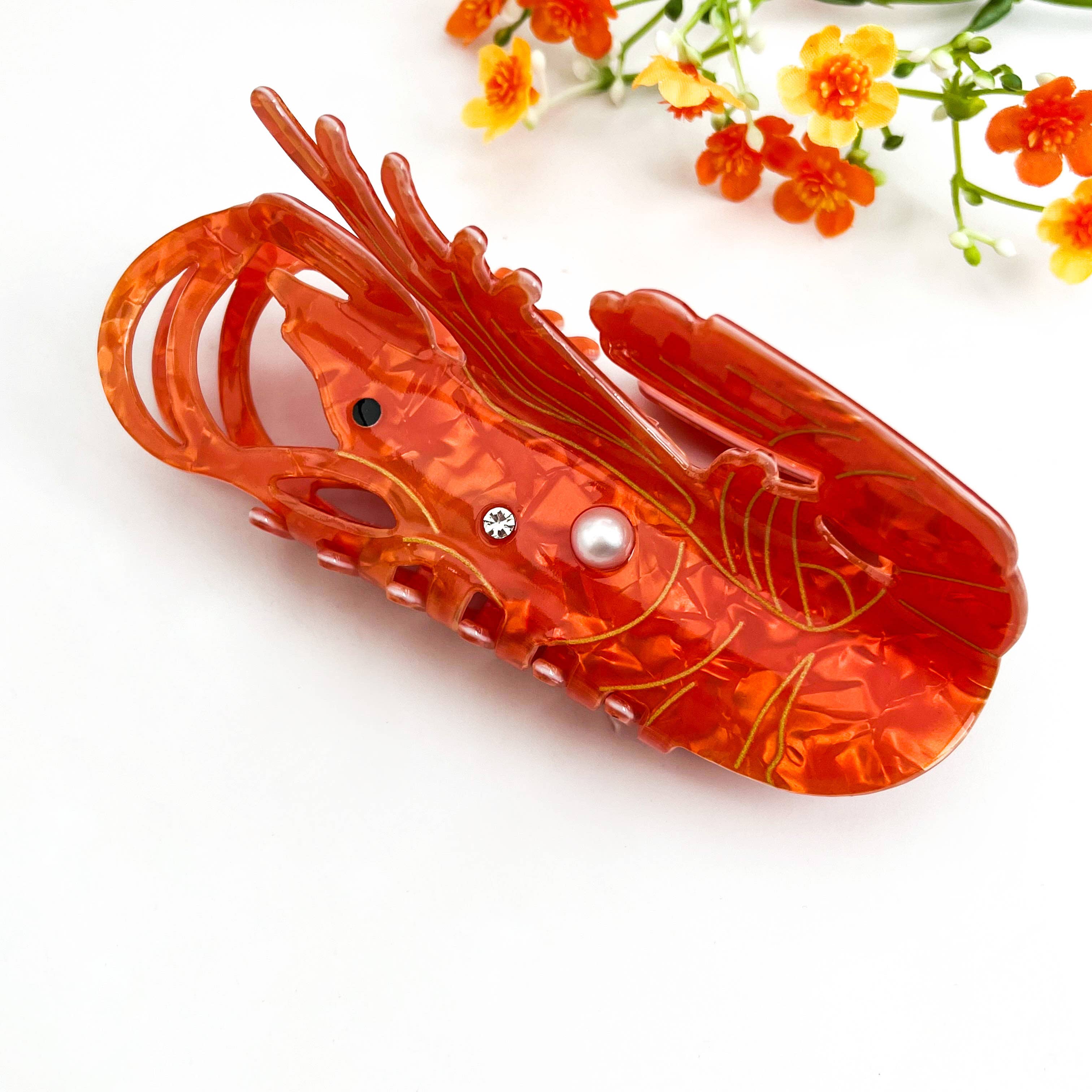 Oversized Ocean Lobster Pearl Rhinestone Hair Claw Clip: Red