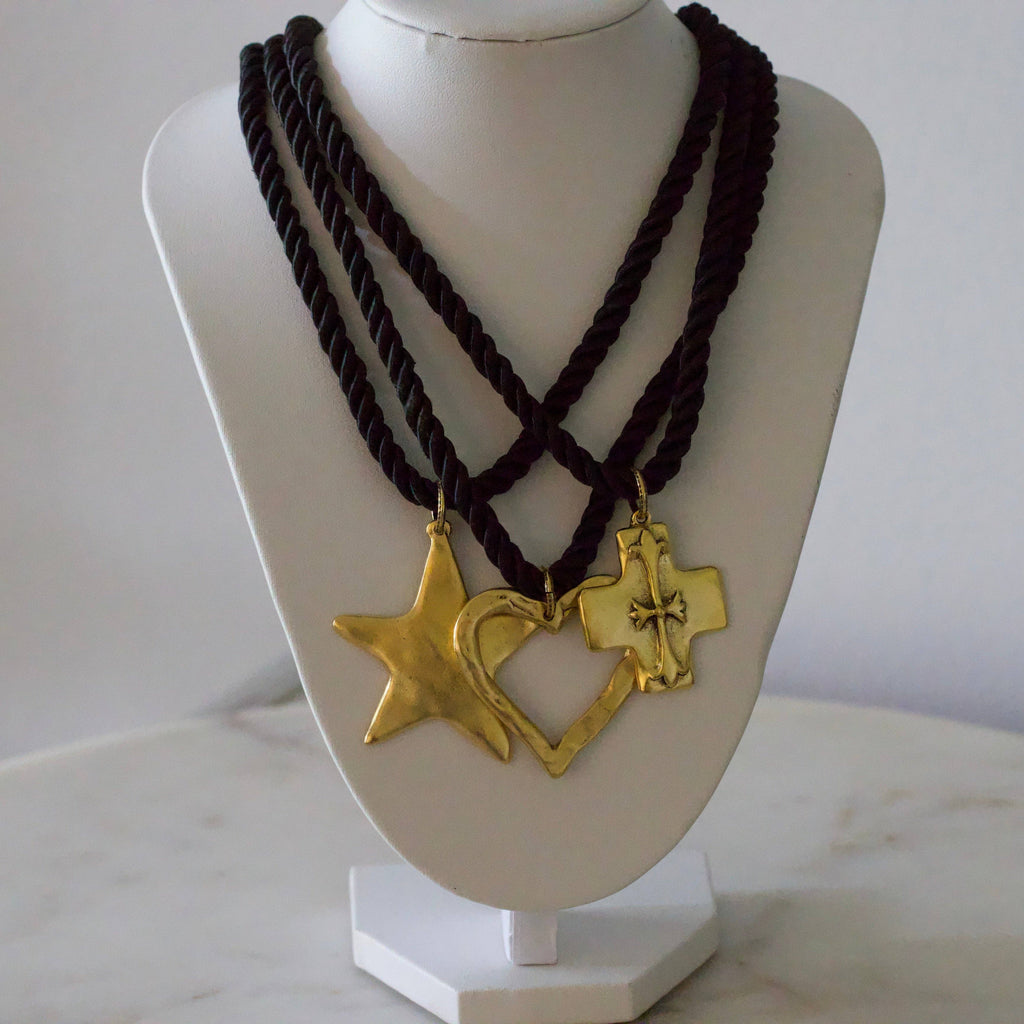 Silk Cord Pendant Necklace – Gold Star, Heart, or Cross: Noir – Star Pendant (Black)