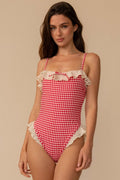 Montce Red Micro Gingham Jacelyn Ruffle One-Piece
