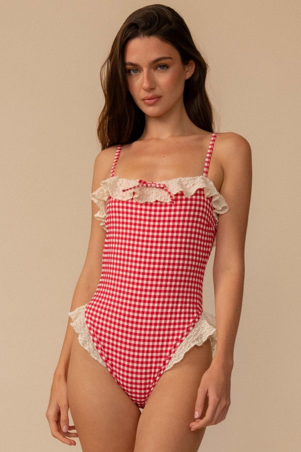 Montce Red Micro Gingham Jacelyn Ruffle One-Piece