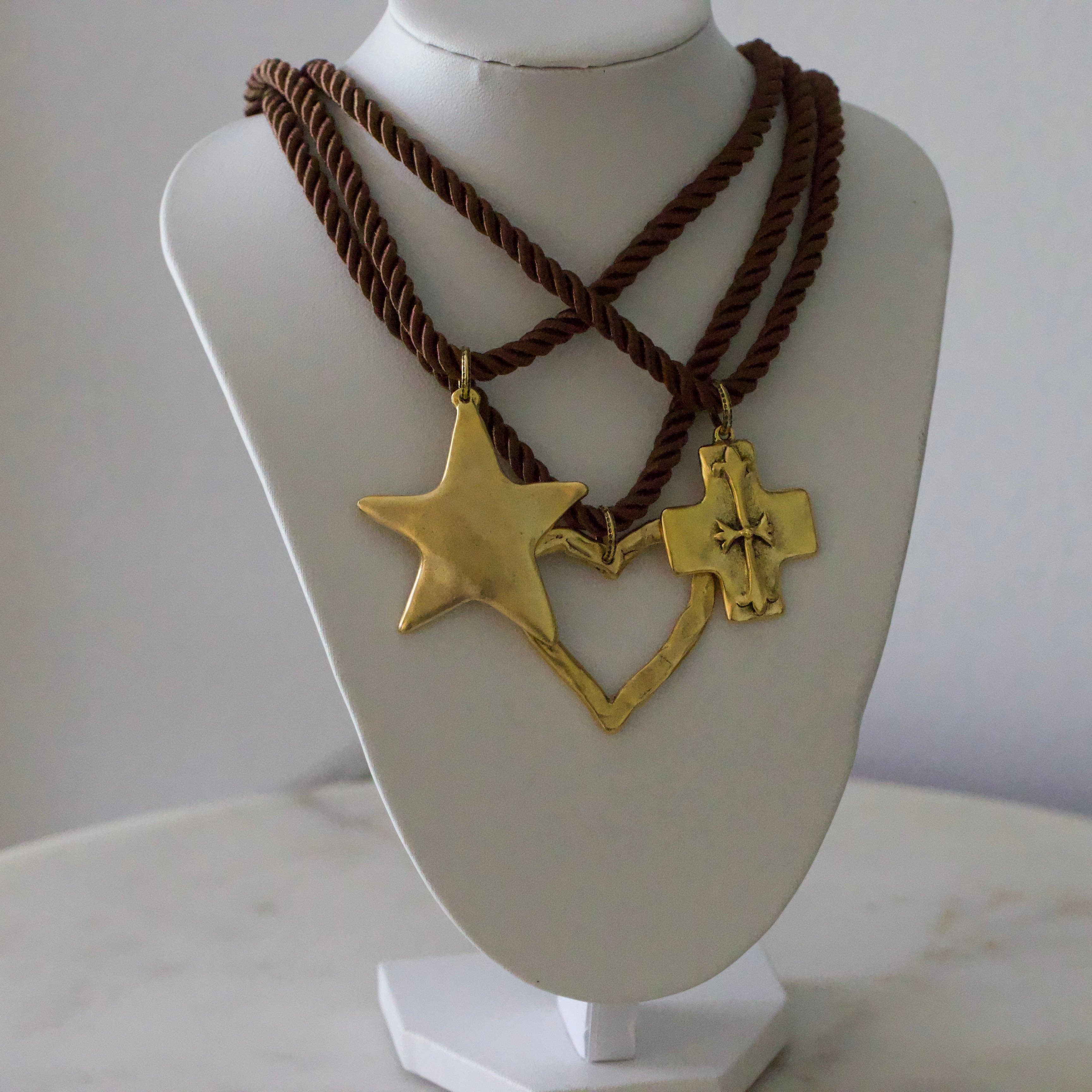 Silk Cord Pendant Necklace – Gold Star, Heart, or Cross: Crimson – Star Pendant (Red)