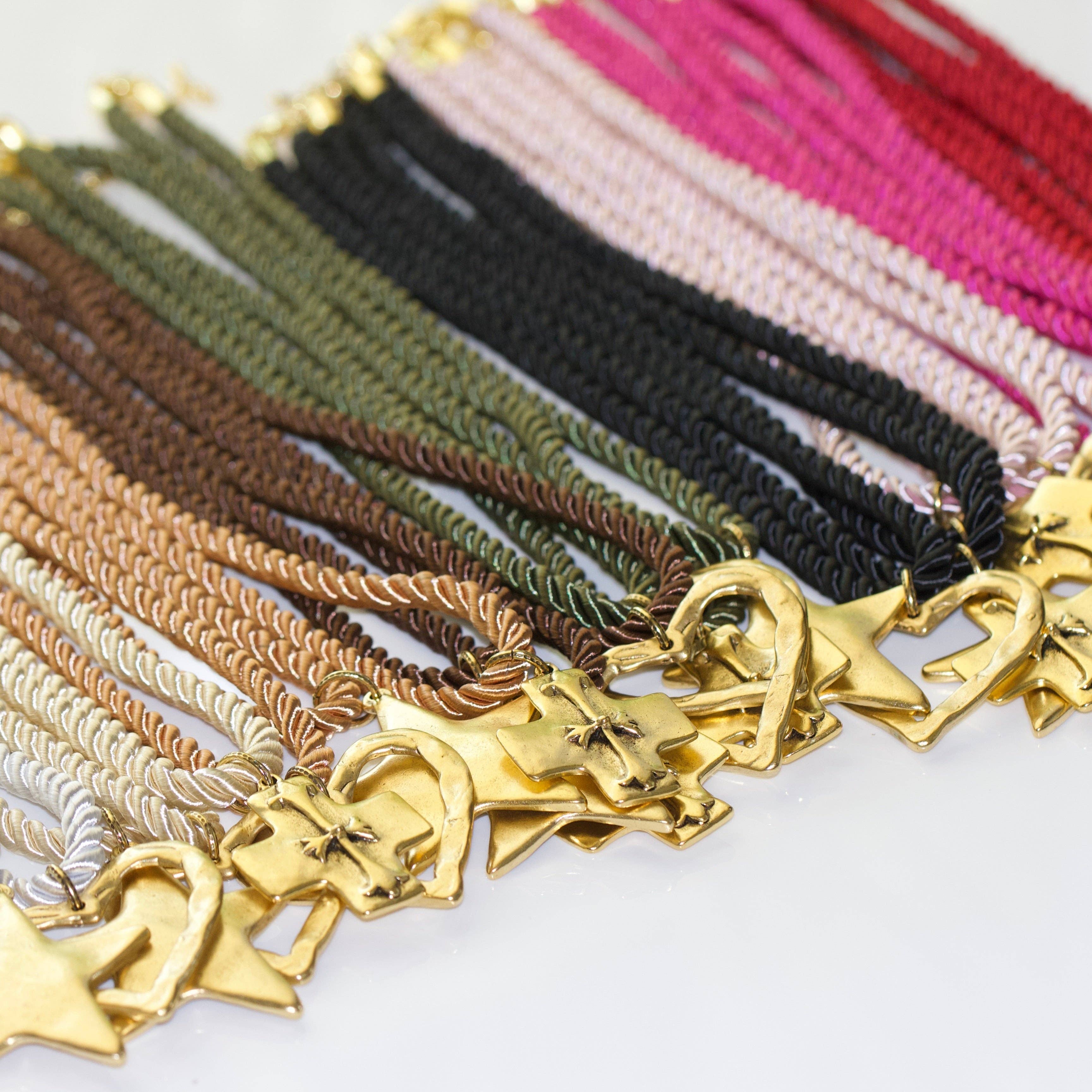 Silk Cord Pendant Necklace – Gold Star, Heart, or Cross: Crimson – Star Pendant (Red)