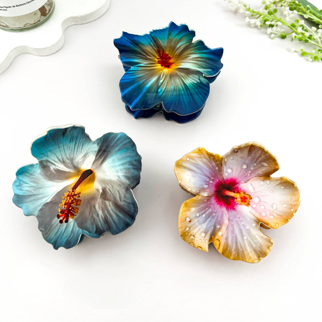 Vibrant Hibiscus Floral Print Hair Claw Clip: Light Blue
