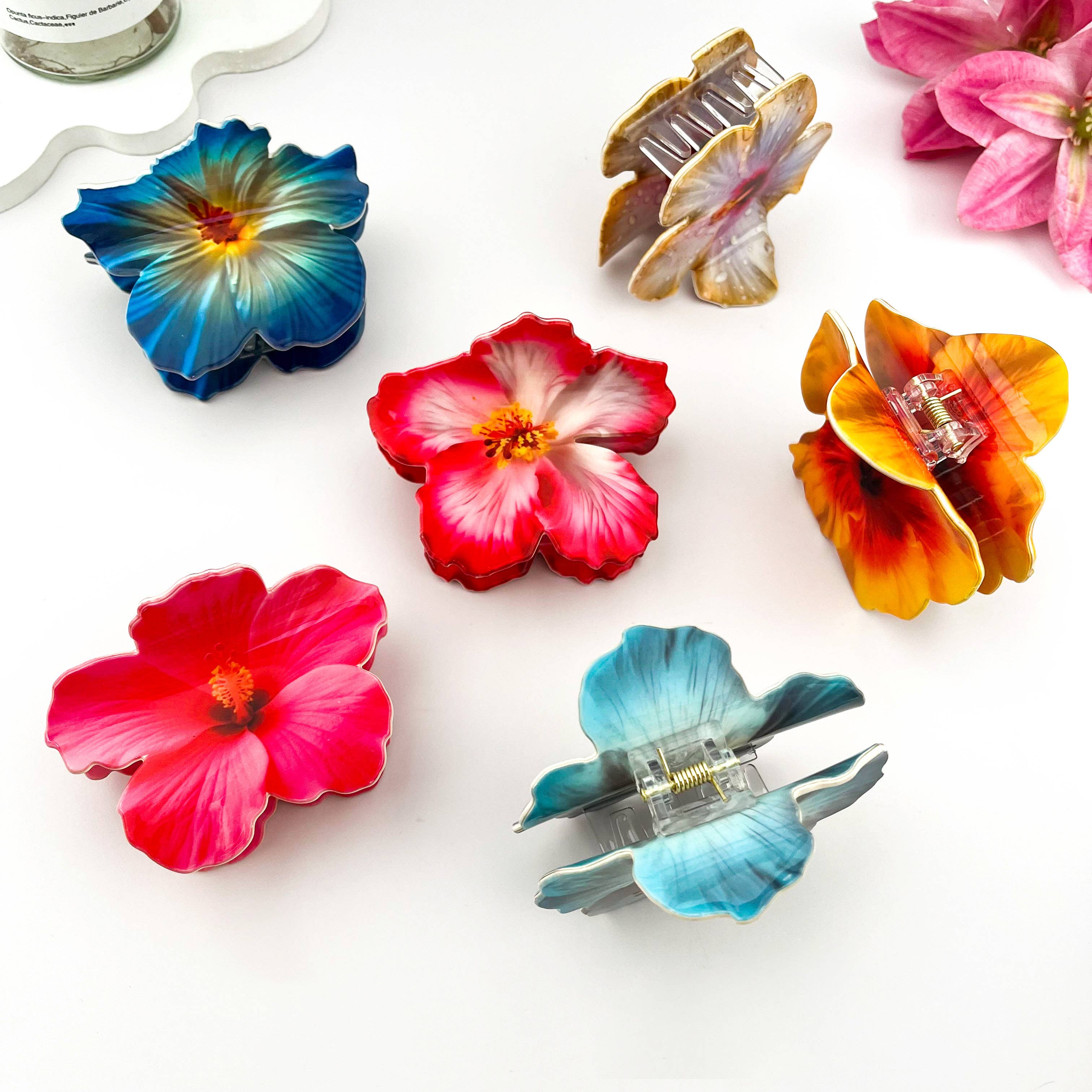 Vibrant Hibiscus Floral Print Hair Claw Clip: Light Blue