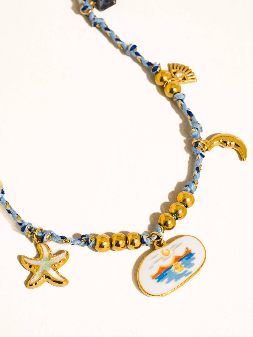 Pêche 18K Gold Non-Tarnish Vintage Charm Rope Necklace: Blue