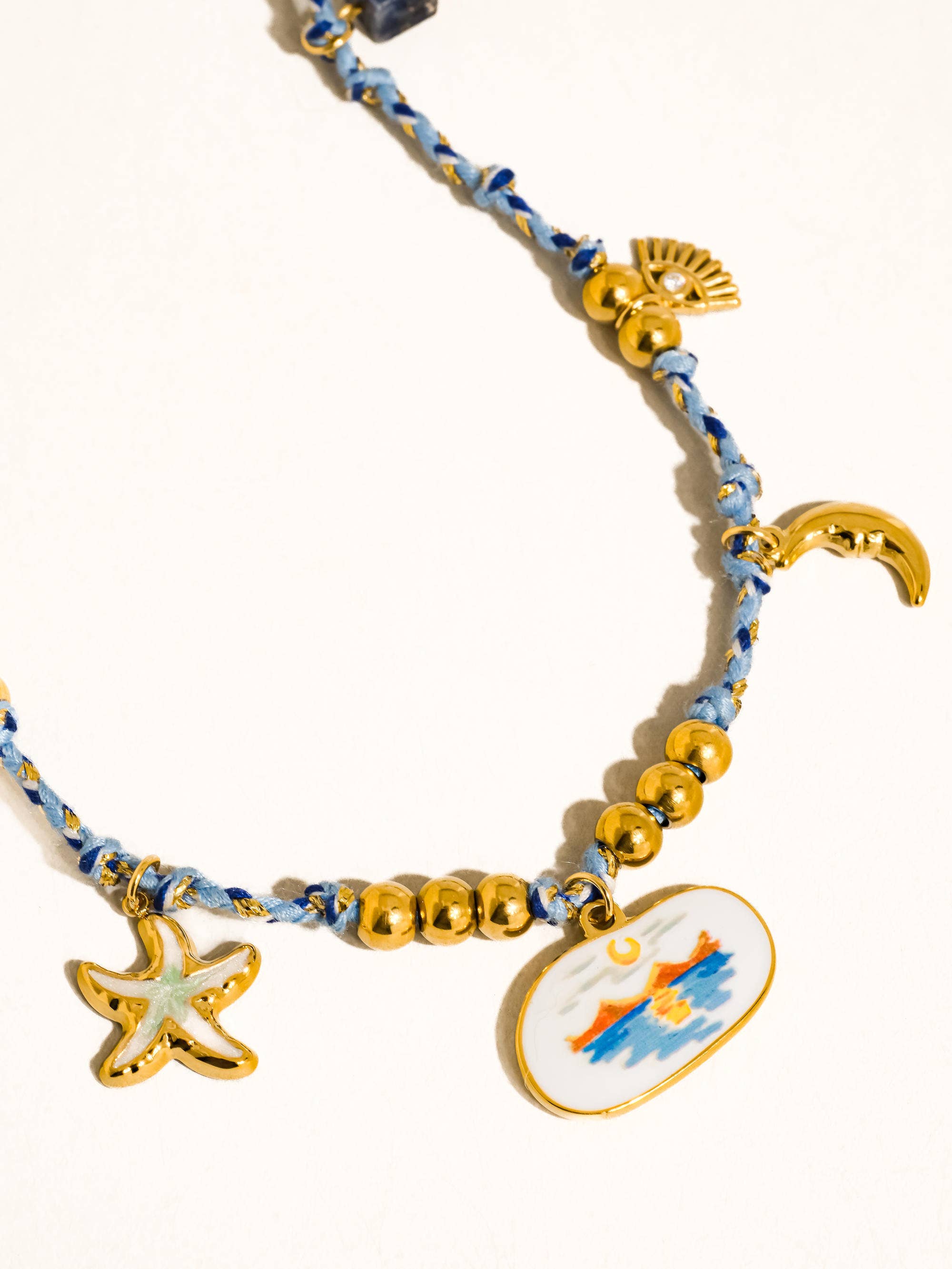 Pêche 18K Gold Non-Tarnish Vintage Charm Rope Necklace: Blue