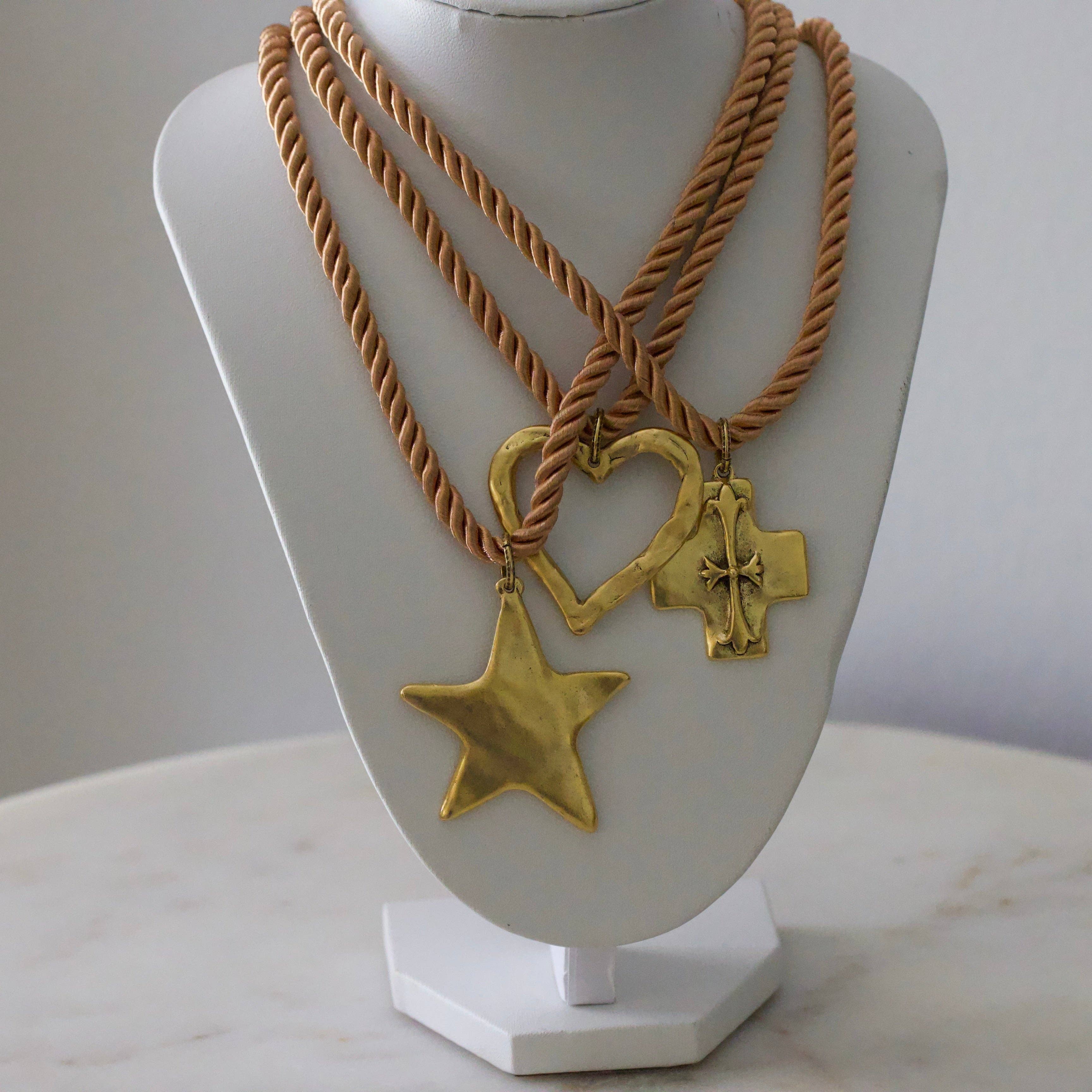 Silk Cord Pendant Necklace – Gold Star, Heart, or Cross: Crimson – Star Pendant (Red)