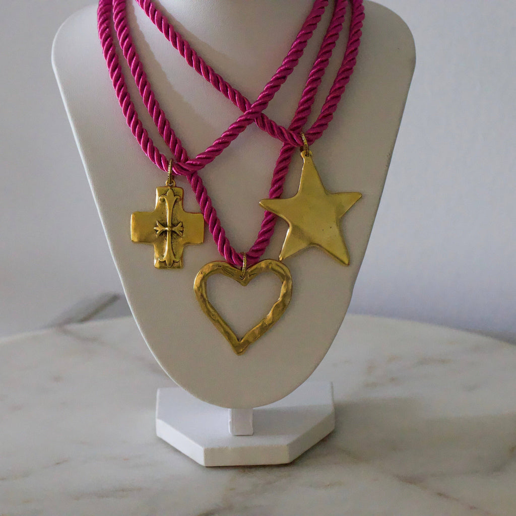 Silk Cord Pendant Necklace – Gold Star, Heart, or Cross: Noir – Star Pendant (Black)