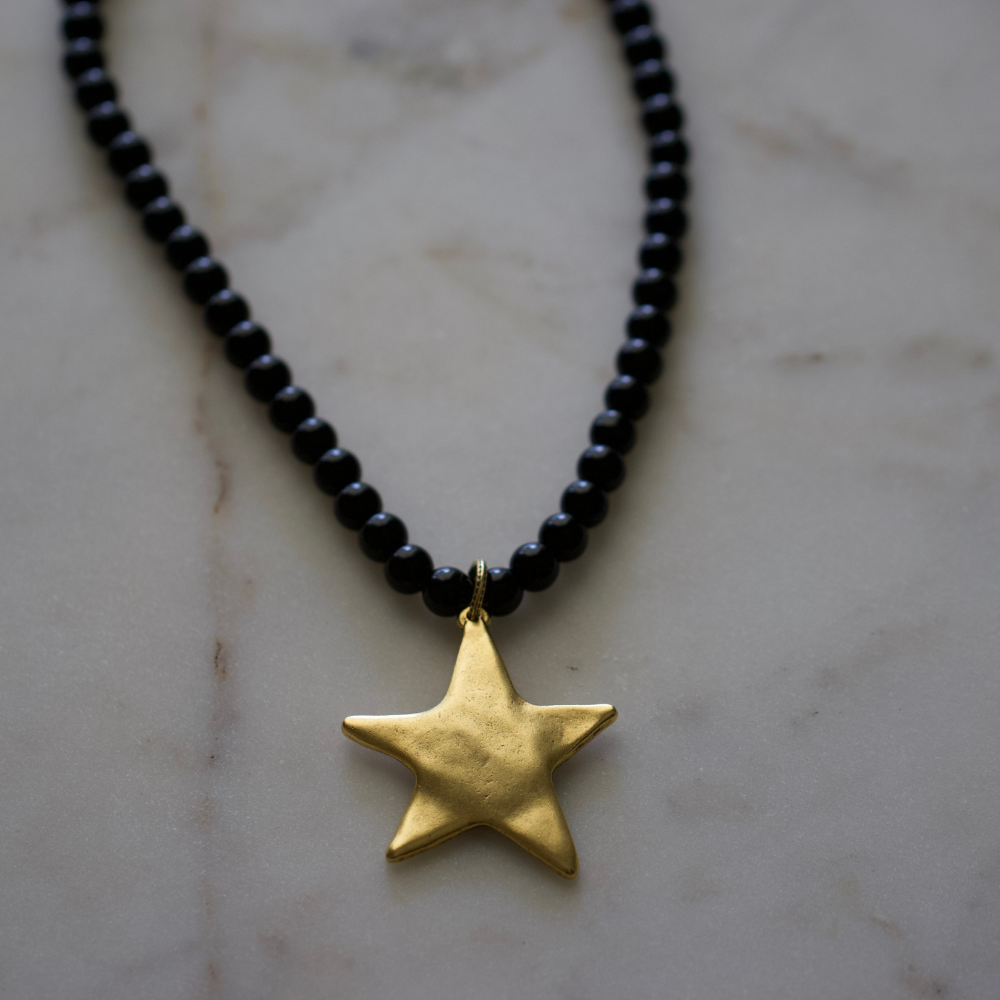Starlit Nights Necklace | Necklace – Black Glass Beads & Gold Plated Pewter Star