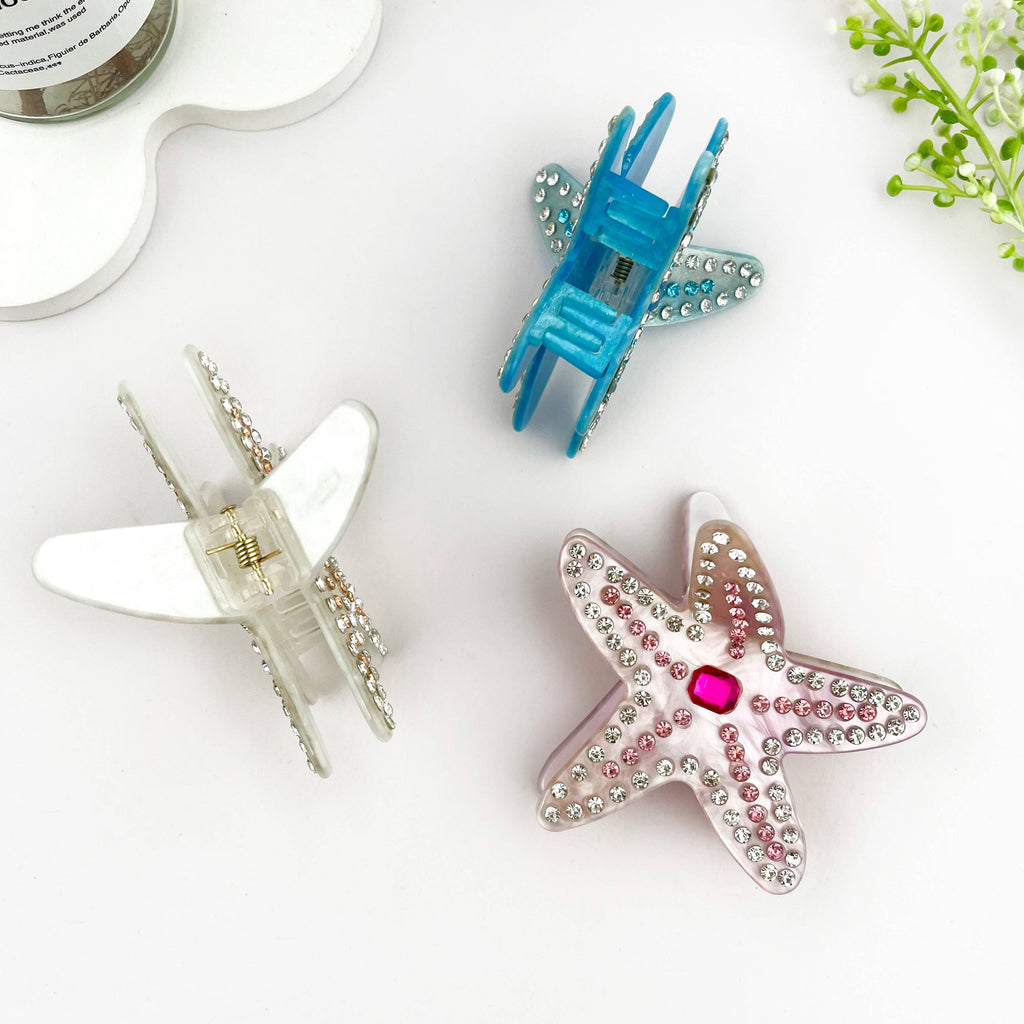Delicate Rhinestone Starfish Acetate Hair Claw Clip: White