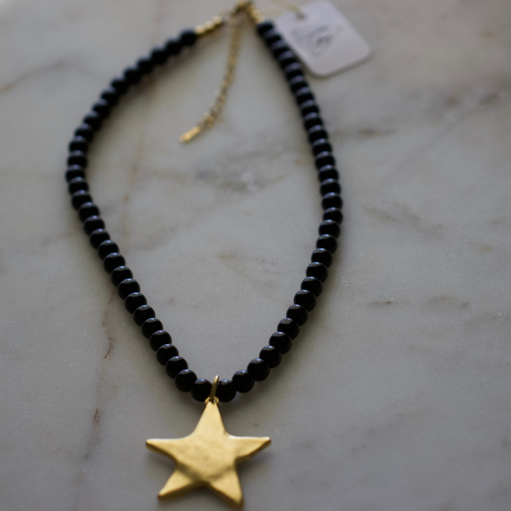 Starlit Nights Necklace | Necklace – Black Glass Beads & Gold Plated Pewter Star