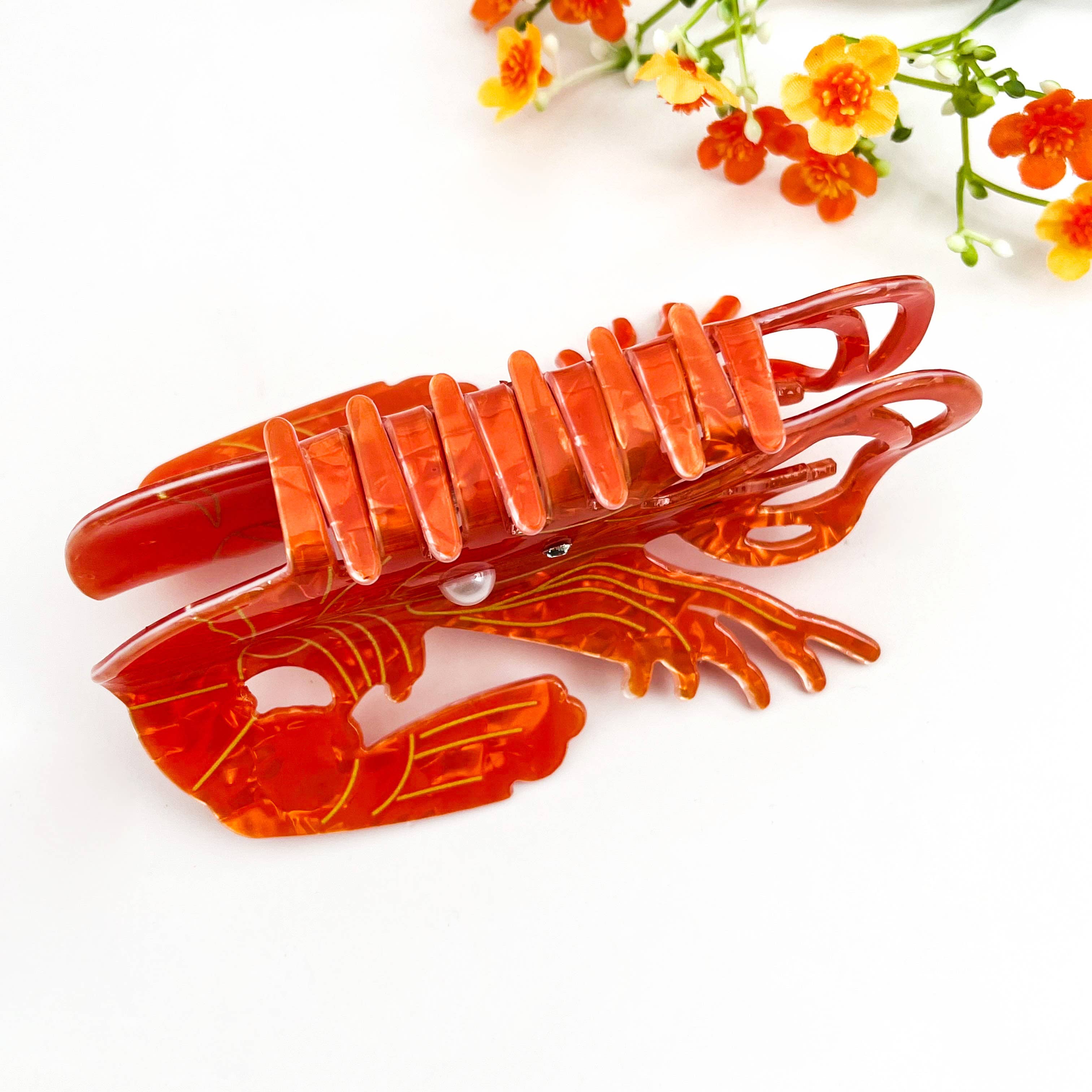 Oversized Ocean Lobster Pearl Rhinestone Hair Claw Clip: Red