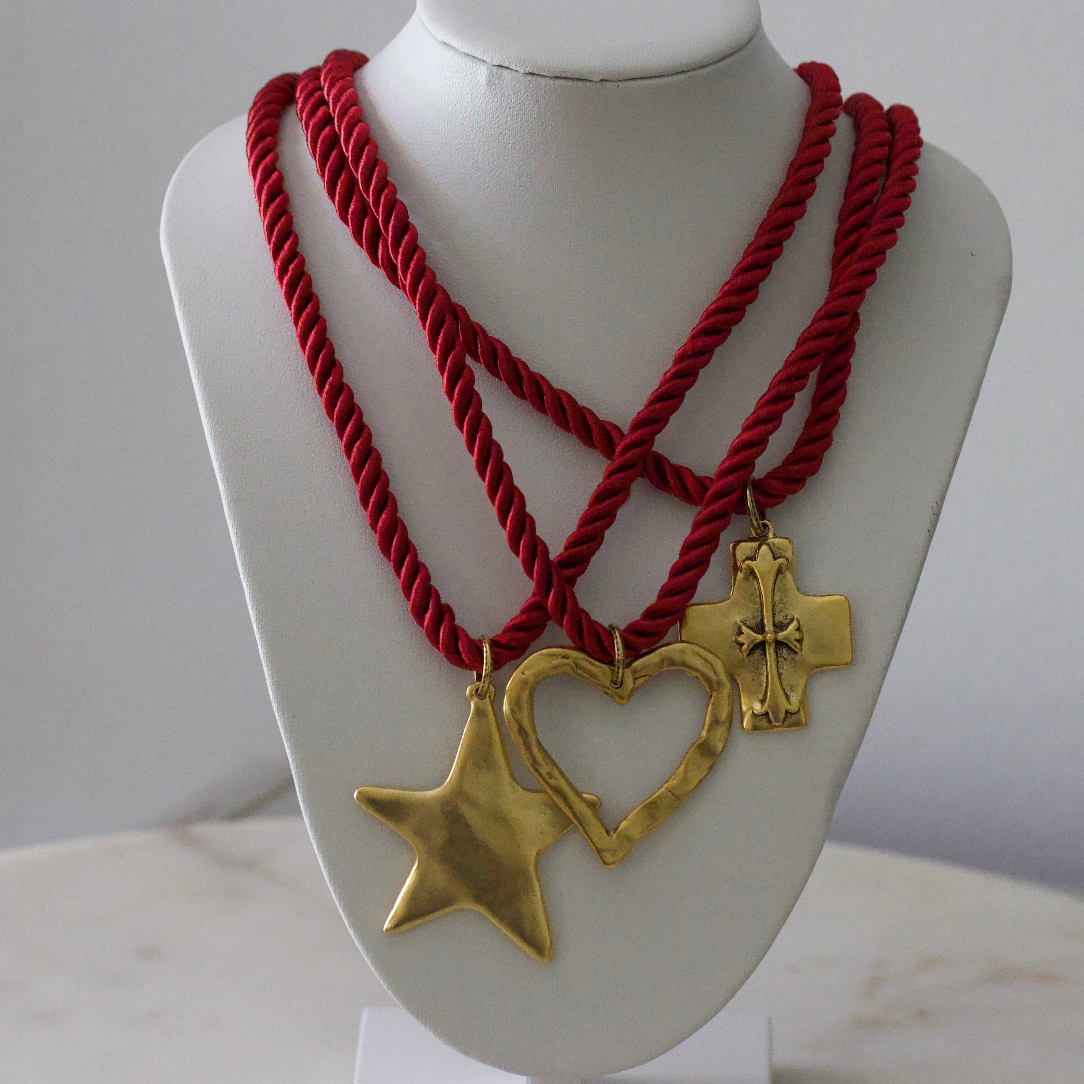 Silk Cord Pendant Necklace – Gold Star, Heart, or Cross: Crimson – Star Pendant (Red)