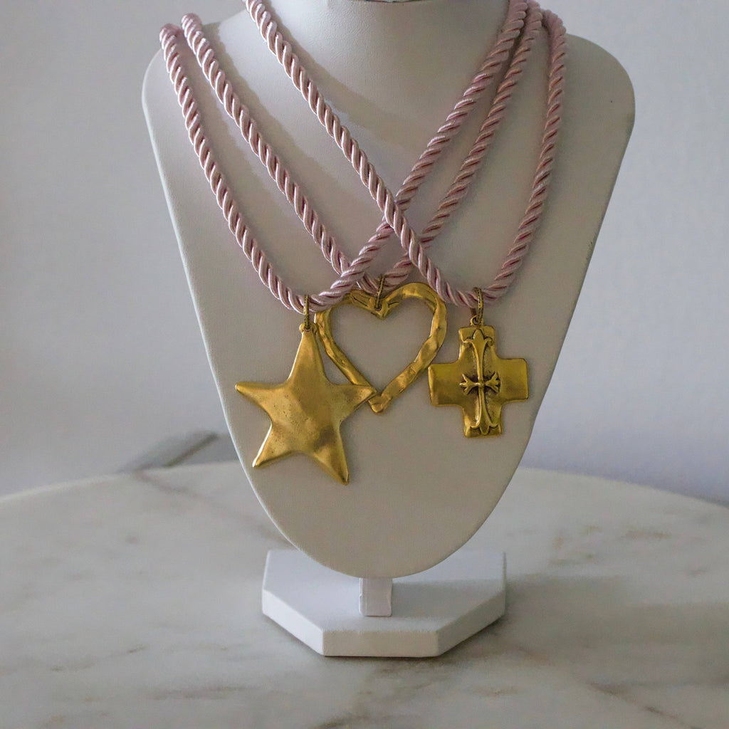 Silk Cord Pendant Necklace – Gold Star, Heart, or Cross: Crimson – Star Pendant (Red)