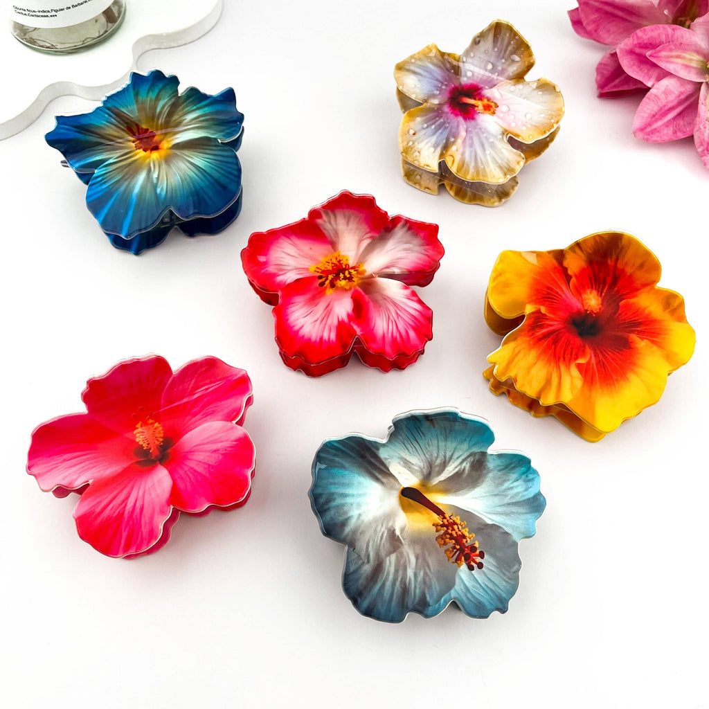 Vibrant Hibiscus Floral Print Hair Claw Clip: Light Blue