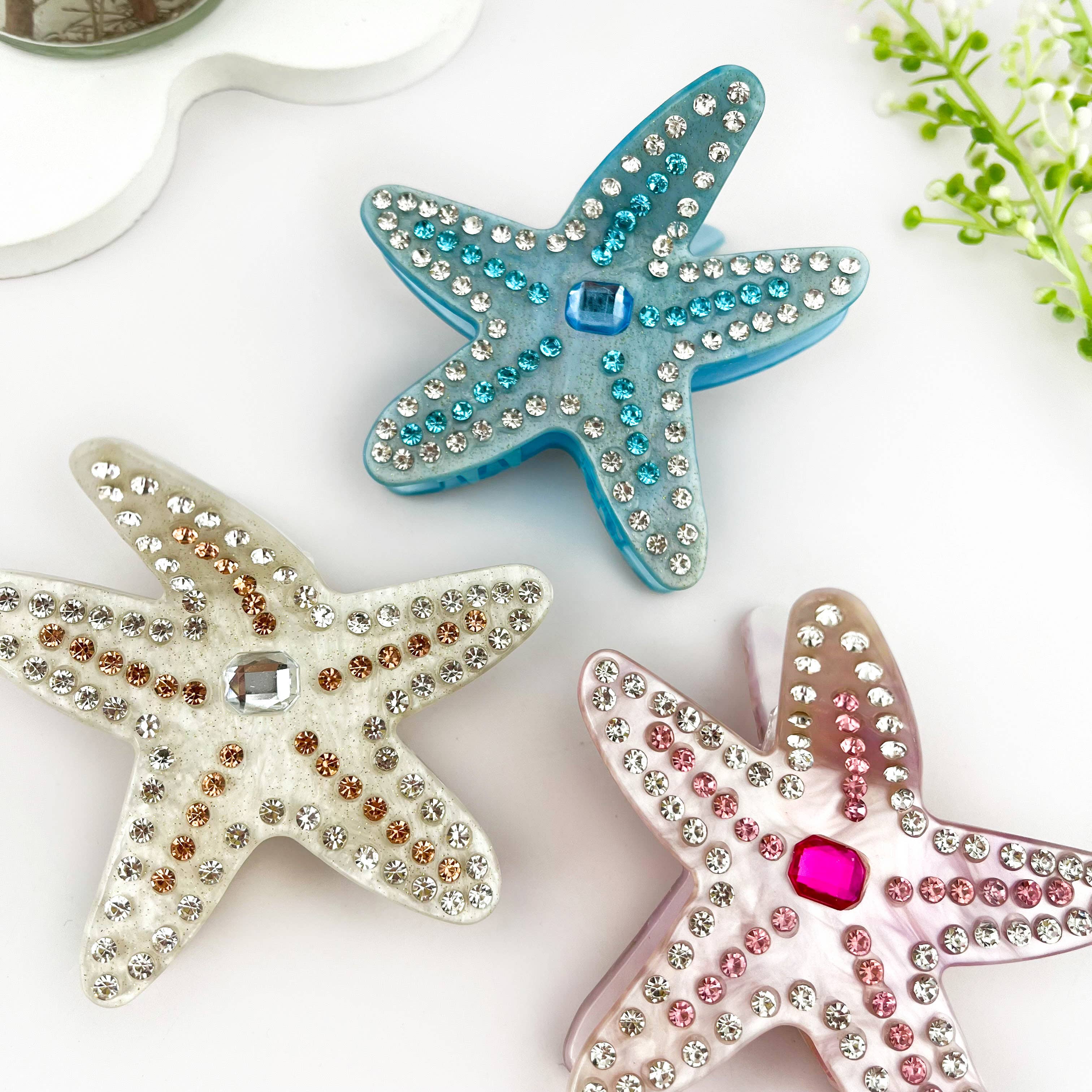 Delicate Rhinestone Starfish Acetate Hair Claw Clip: Pink