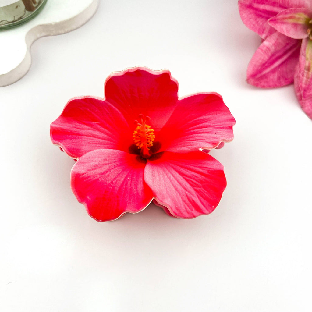 Vibrant Hibiscus Floral Print Hair Claw Clip: Light Blue