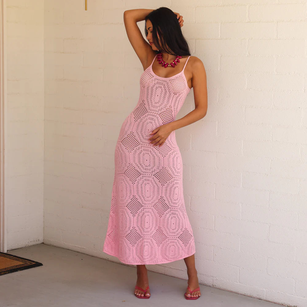 Kulani Kinis Crochet Lace Knit Maxi Dress - Pocket Pink