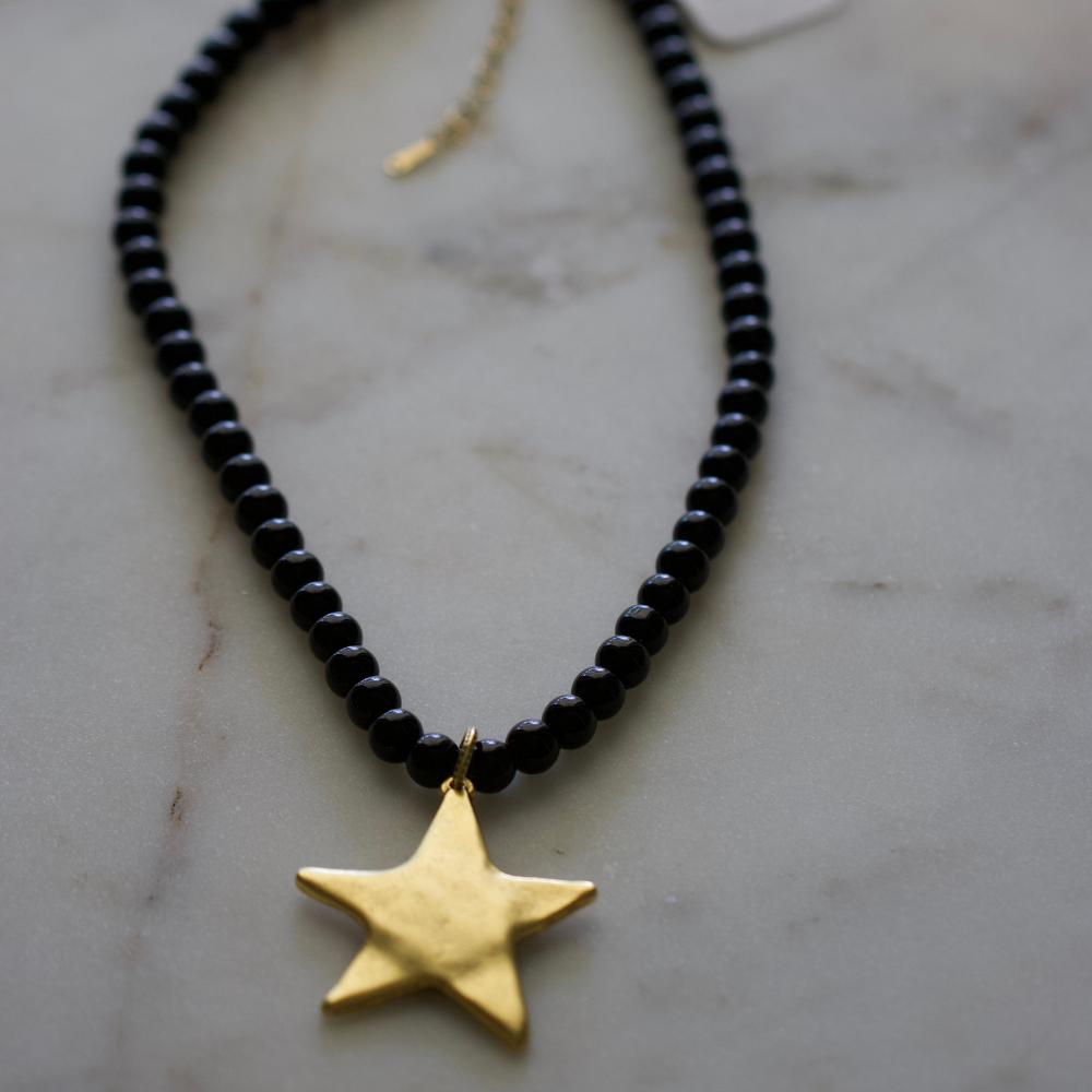 Starlit Nights Necklace | Necklace – Black Glass Beads & Gold Plated Pewter Star