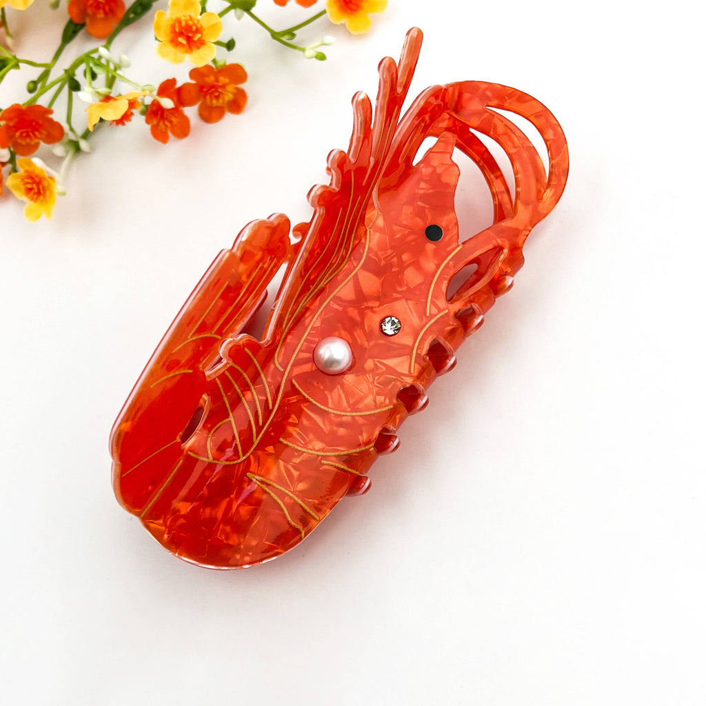 Oversized Ocean Lobster Pearl Rhinestone Hair Claw Clip: Red