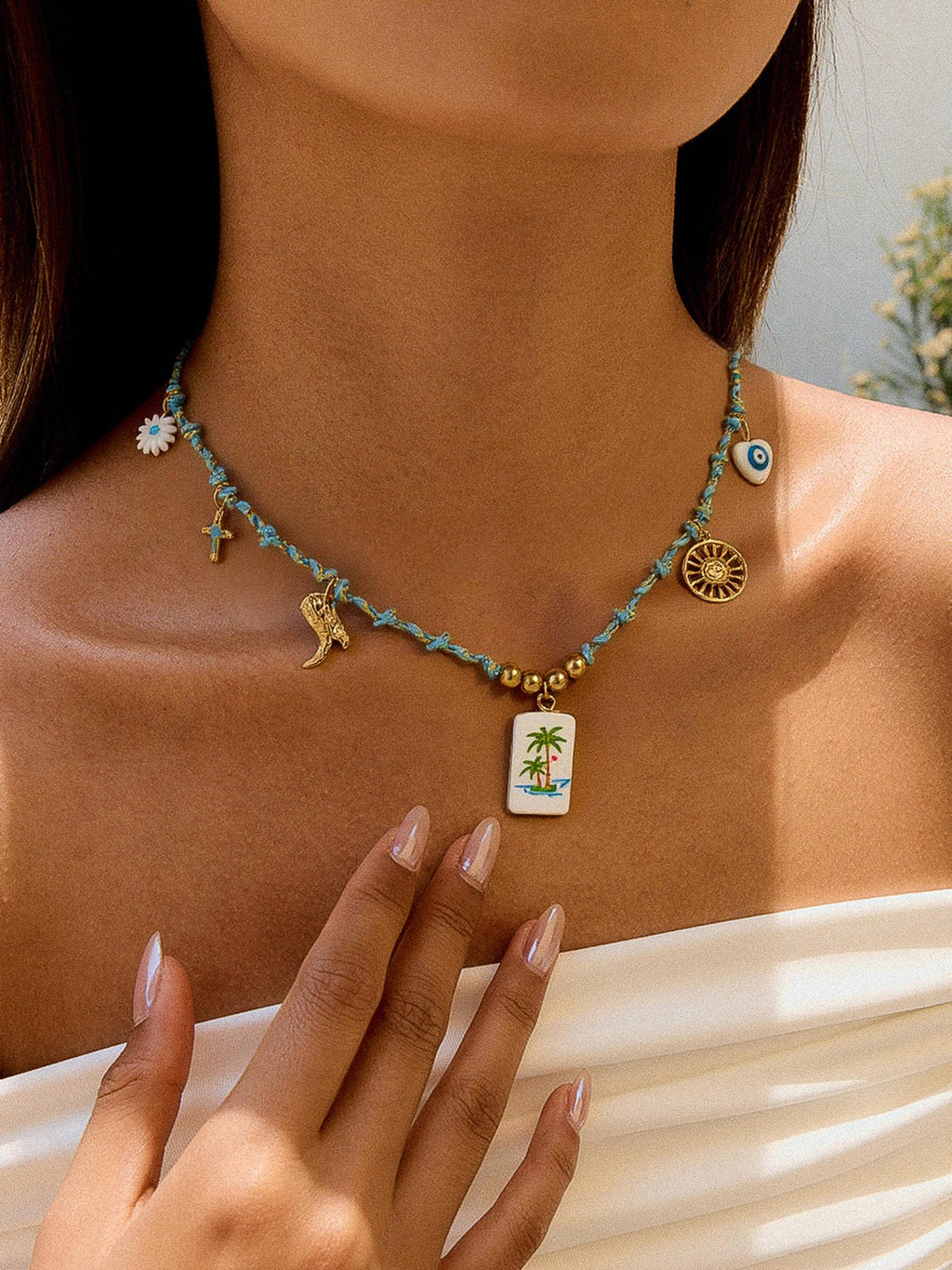 Pêche 18K Gold Non-Tarnish Vintage Charm Rope Necklace: Blue