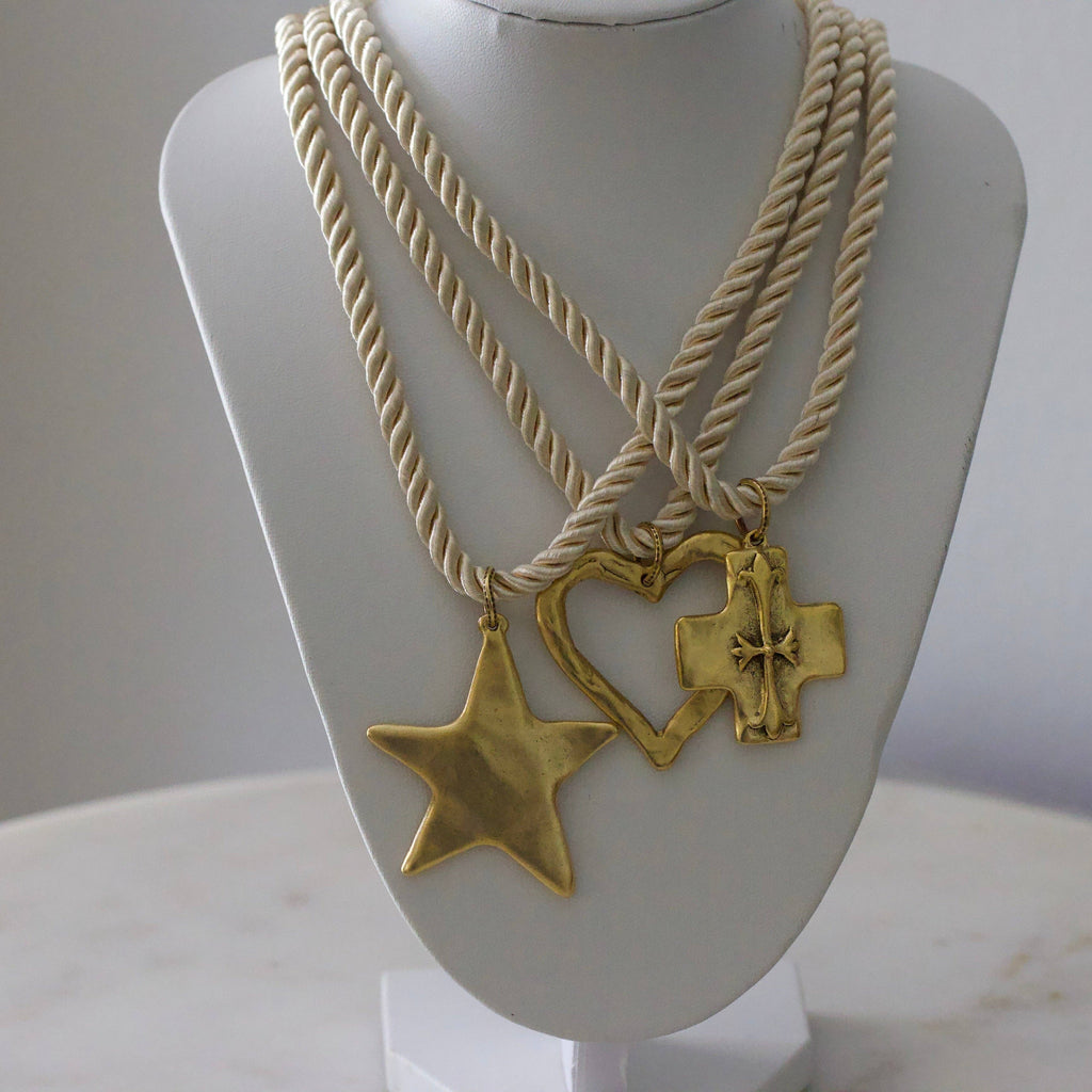 Silk Cord Pendant Necklace – Gold Star, Heart, or Cross: Noir – Star Pendant (Black)