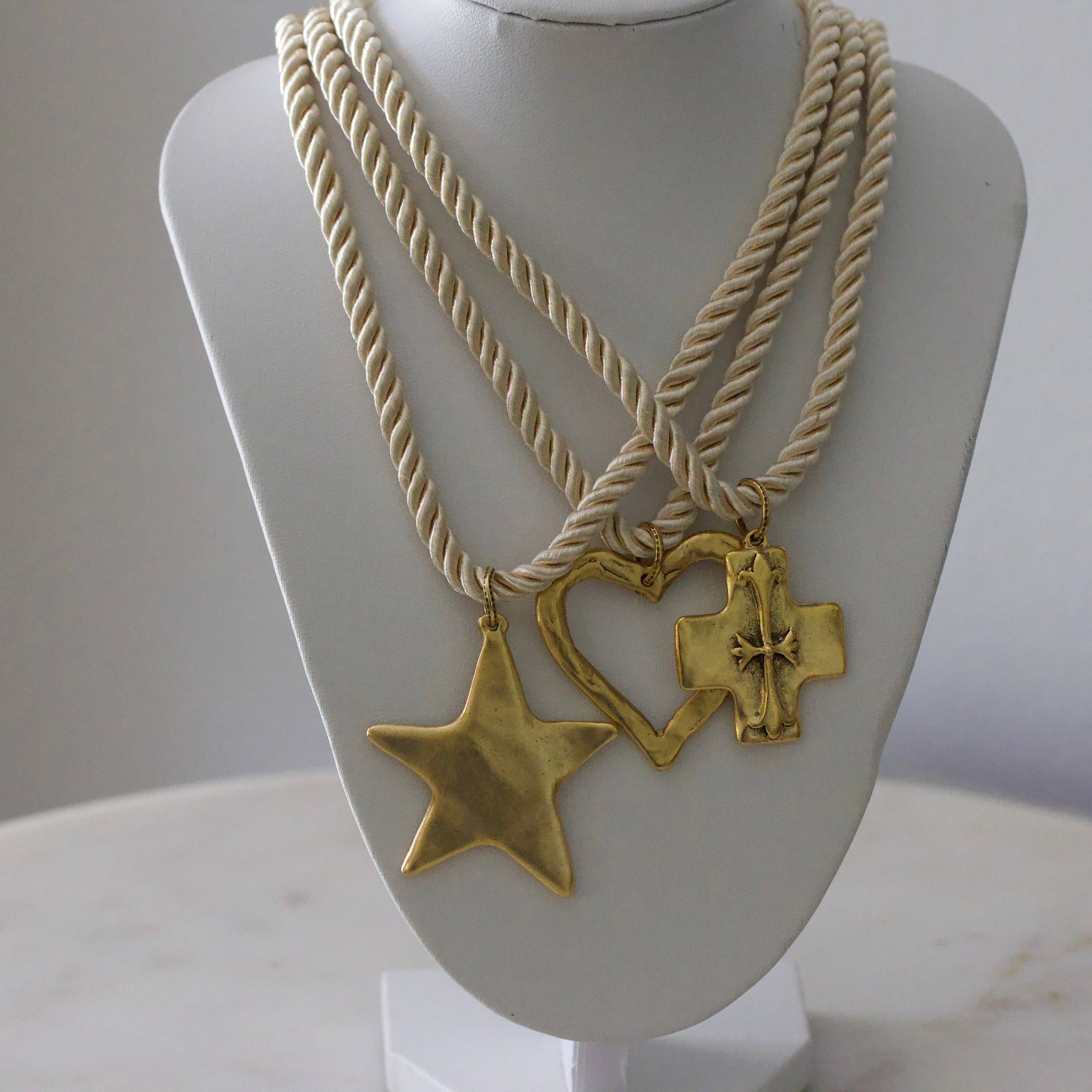 Silk Cord Pendant Necklace – Gold Star, Heart, or Cross: Noir – Star Pendant (Black)