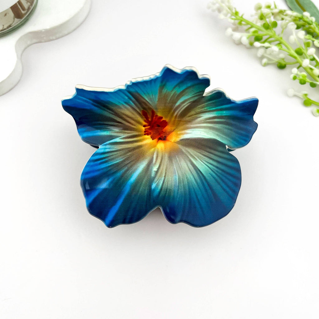 Vibrant Hibiscus Floral Print Hair Claw Clip: Light Blue