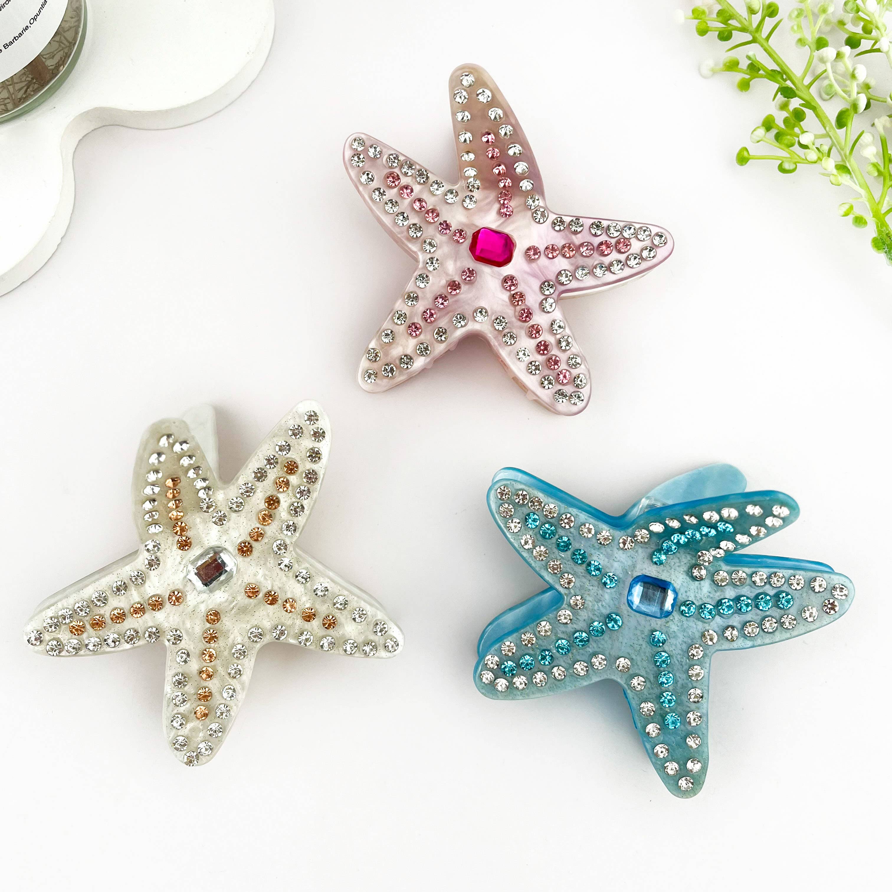 Delicate Rhinestone Starfish Acetate Hair Claw Clip: White