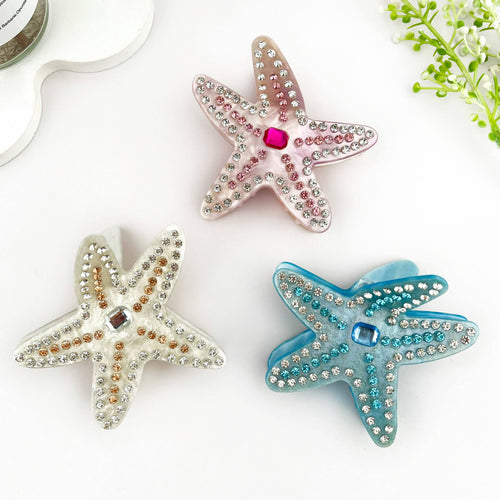 Delicate Rhinestone Starfish Acetate Hair Claw Clip: White