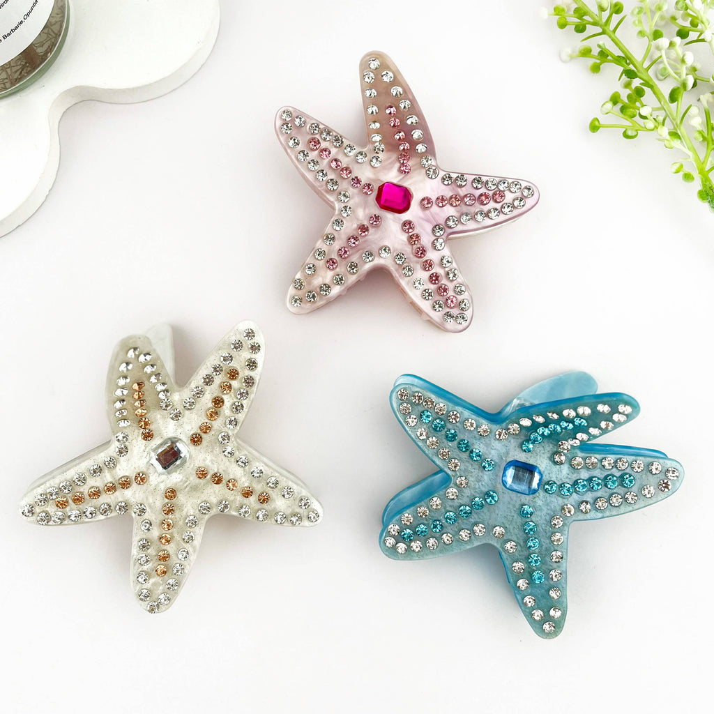 Delicate Rhinestone Starfish Acetate Hair Claw Clip: Pink