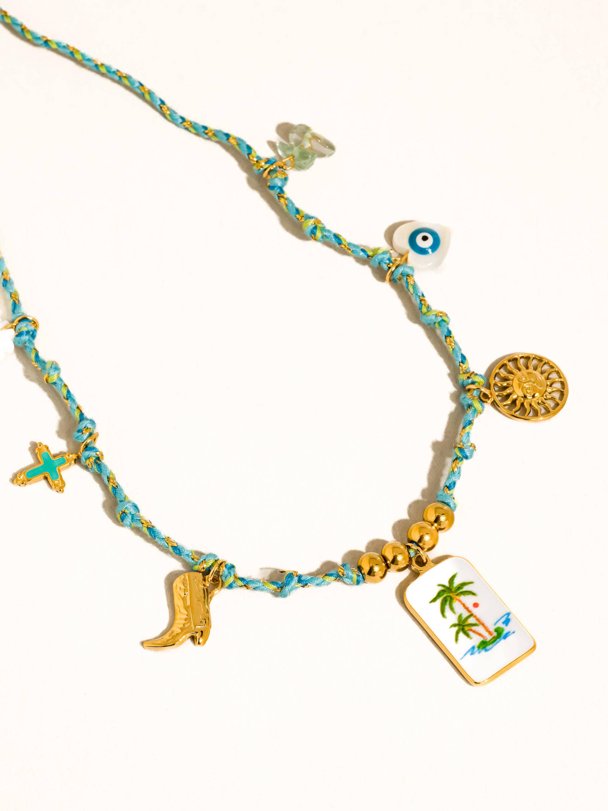 Pêche 18K Gold Non-Tarnish Vintage Charm Rope Necklace: Blue
