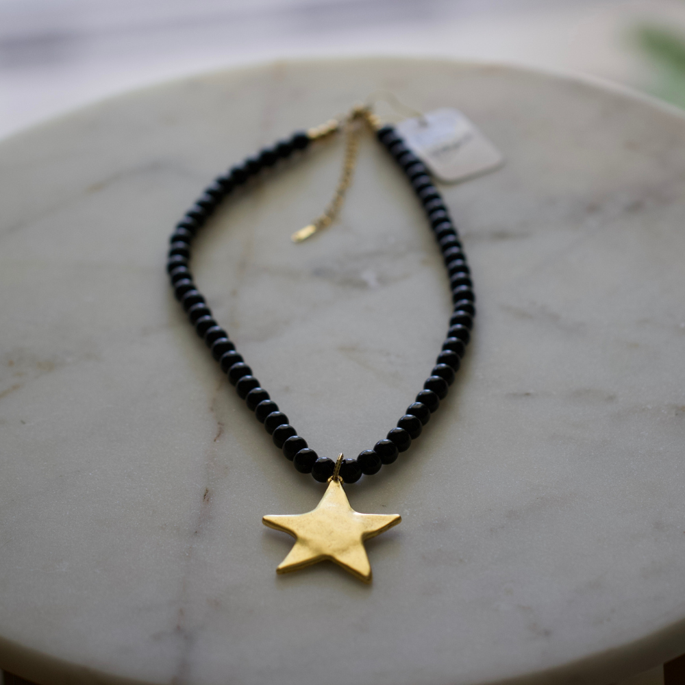 Starlit Nights Necklace | Necklace – Black Glass Beads & Gold Plated Pewter Star