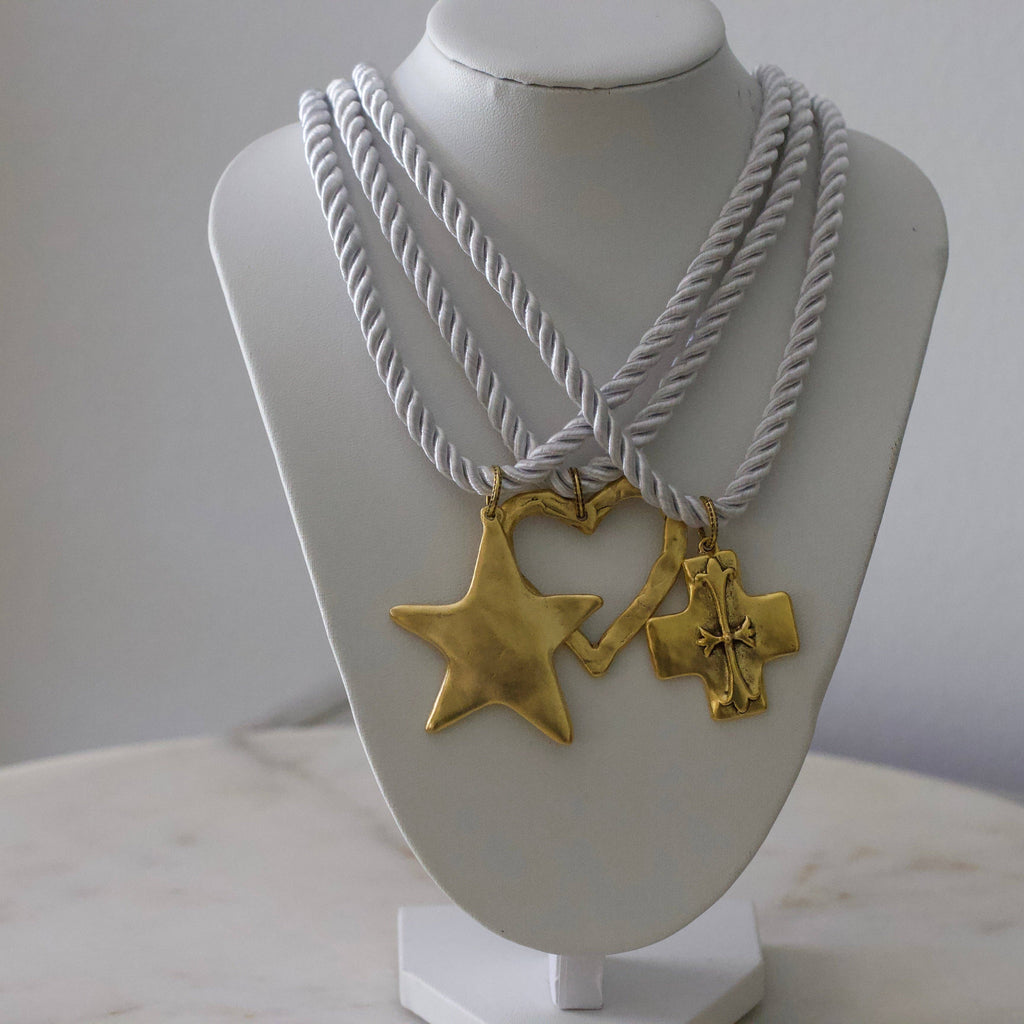 Silk Cord Pendant Necklace – Gold Star, Heart, or Cross: Noir – Star Pendant (Black)