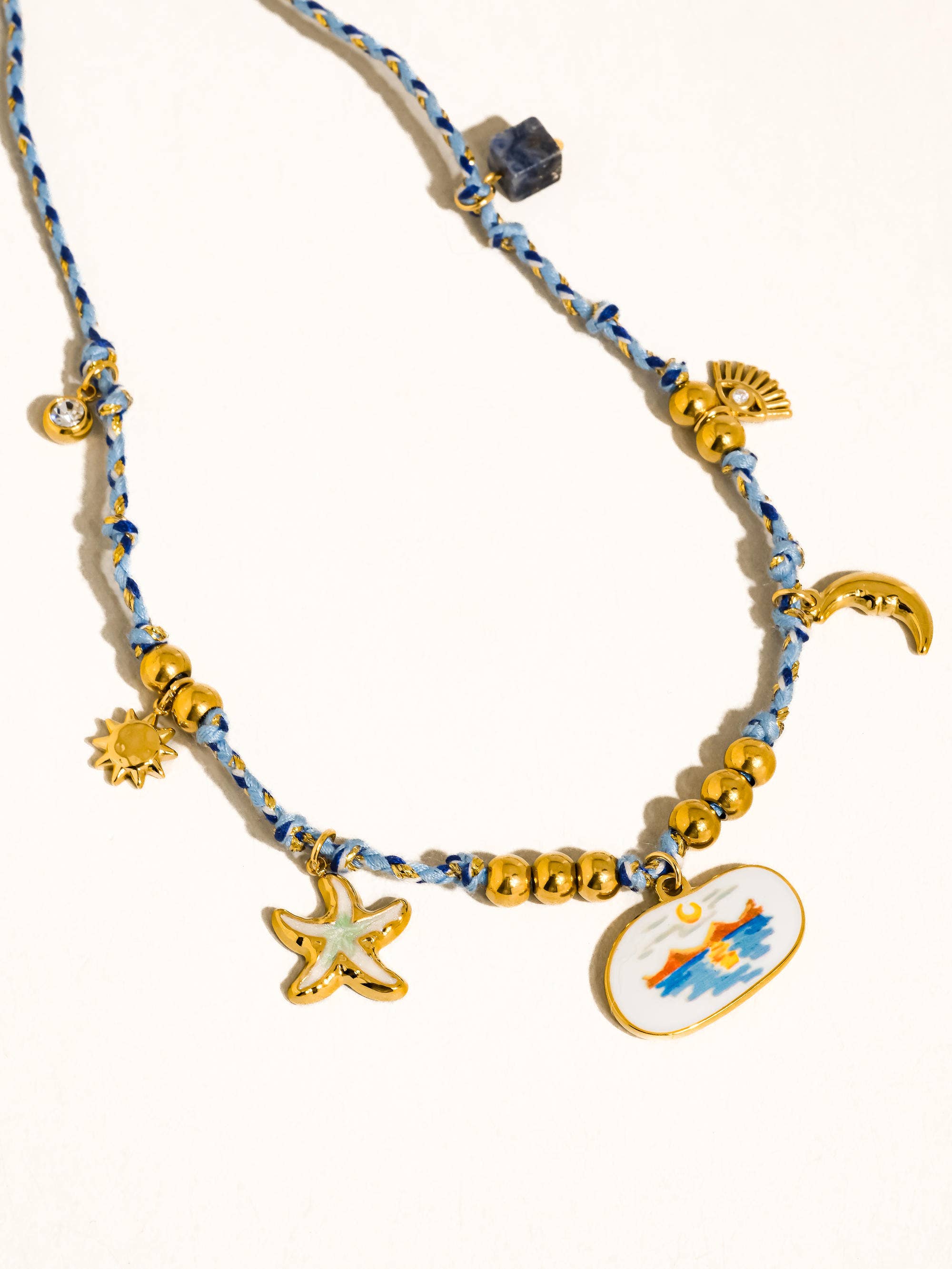 Pêche 18K Gold Non-Tarnish Vintage Charm Rope Necklace: Blue