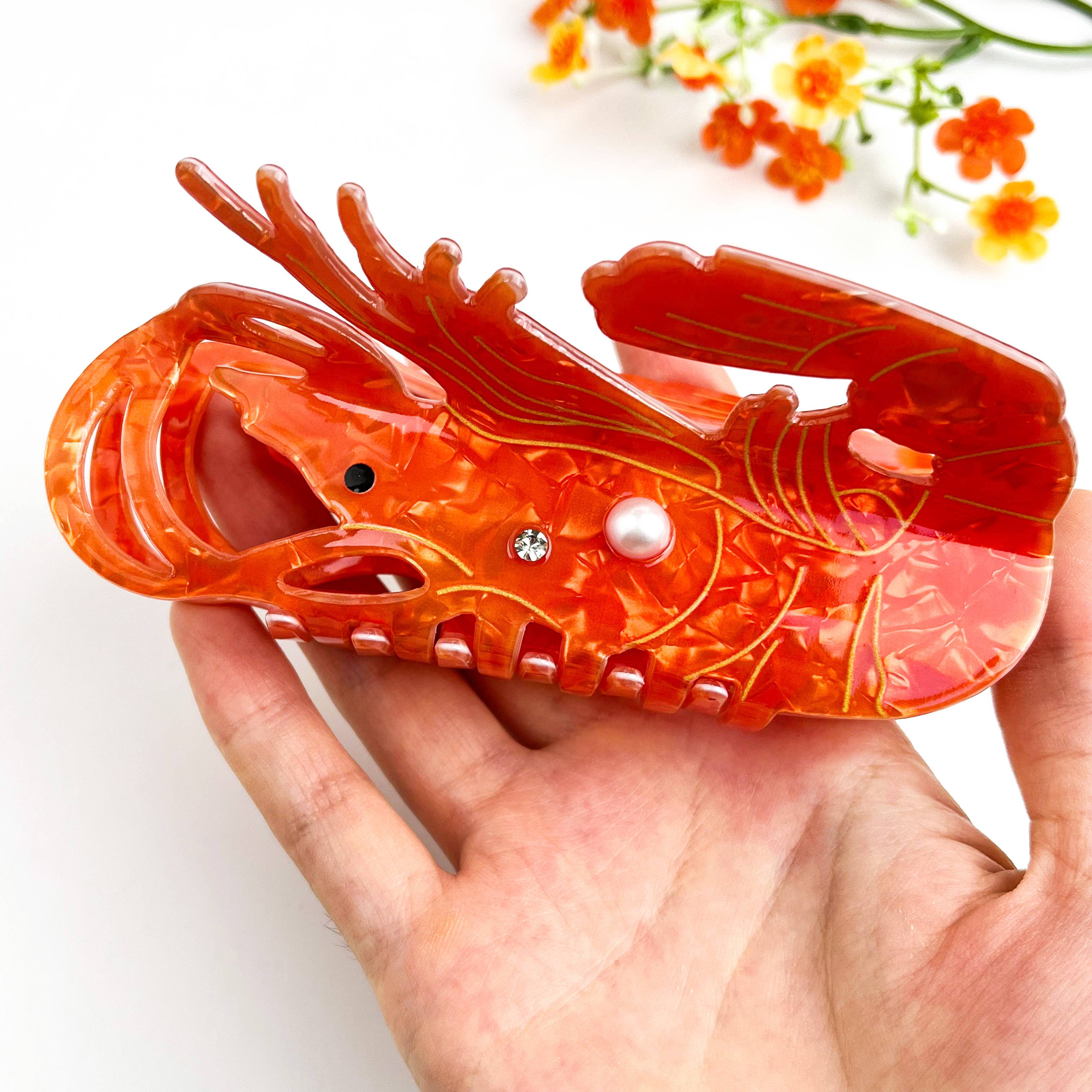 Oversized Ocean Lobster Pearl Rhinestone Hair Claw Clip: Red