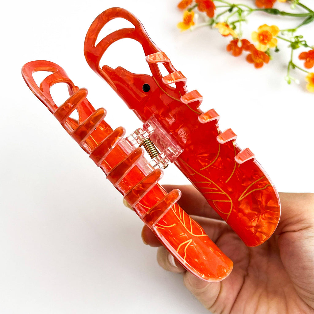 Oversized Ocean Lobster Pearl Rhinestone Hair Claw Clip: Red