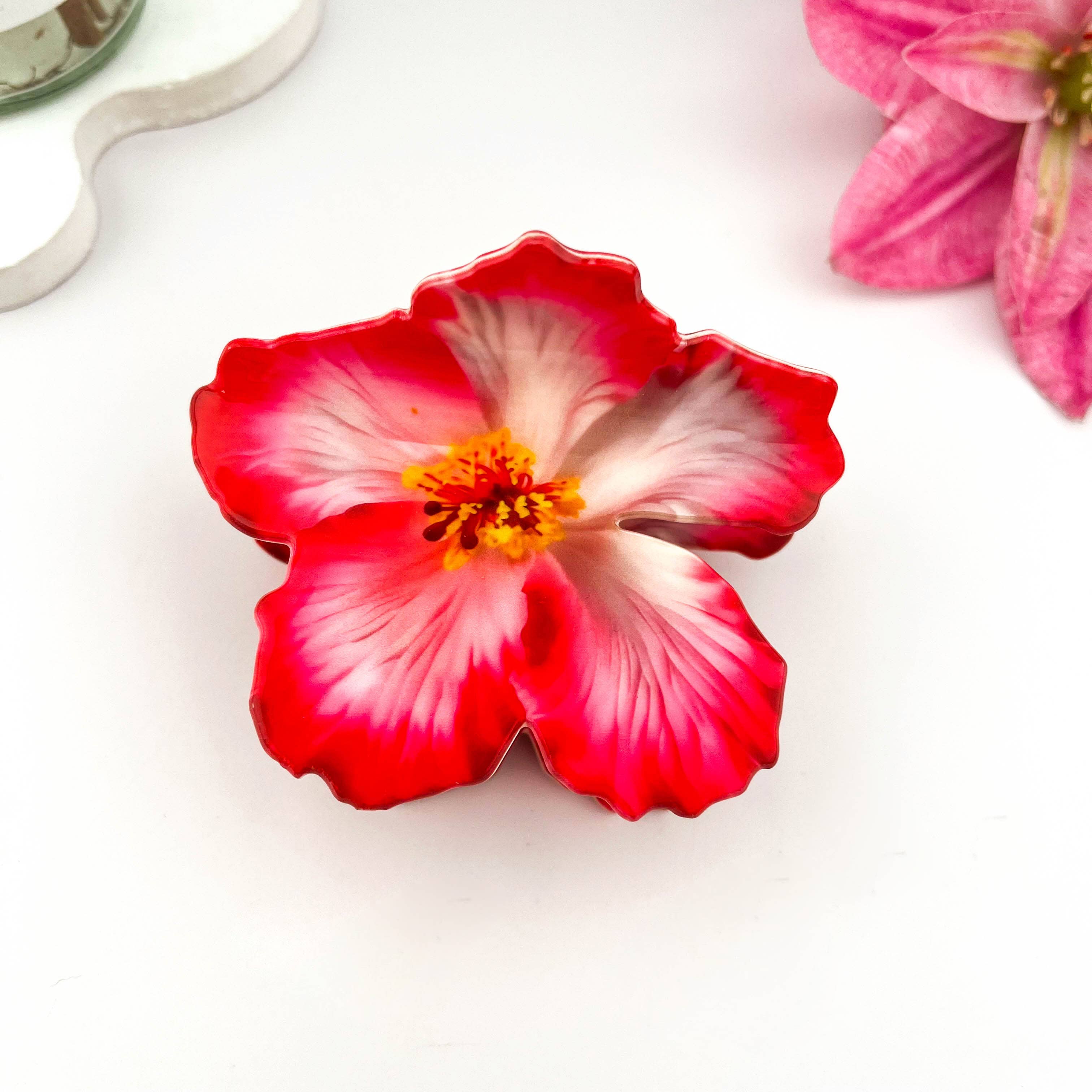 Vibrant Hibiscus Floral Print Hair Claw Clip: Light Blue