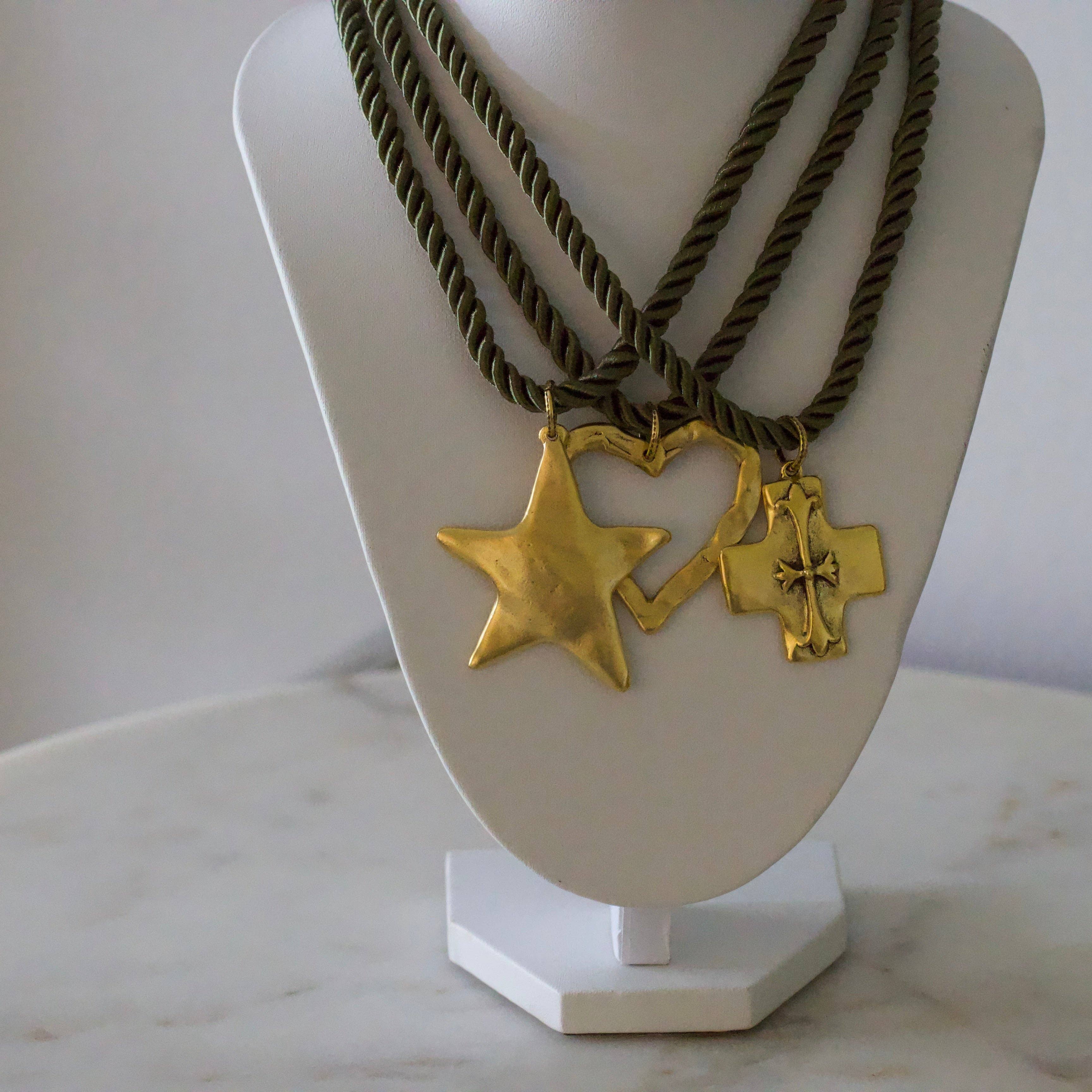 Silk Cord Pendant Necklace – Gold Star, Heart, or Cross: Crimson – Star Pendant (Red)