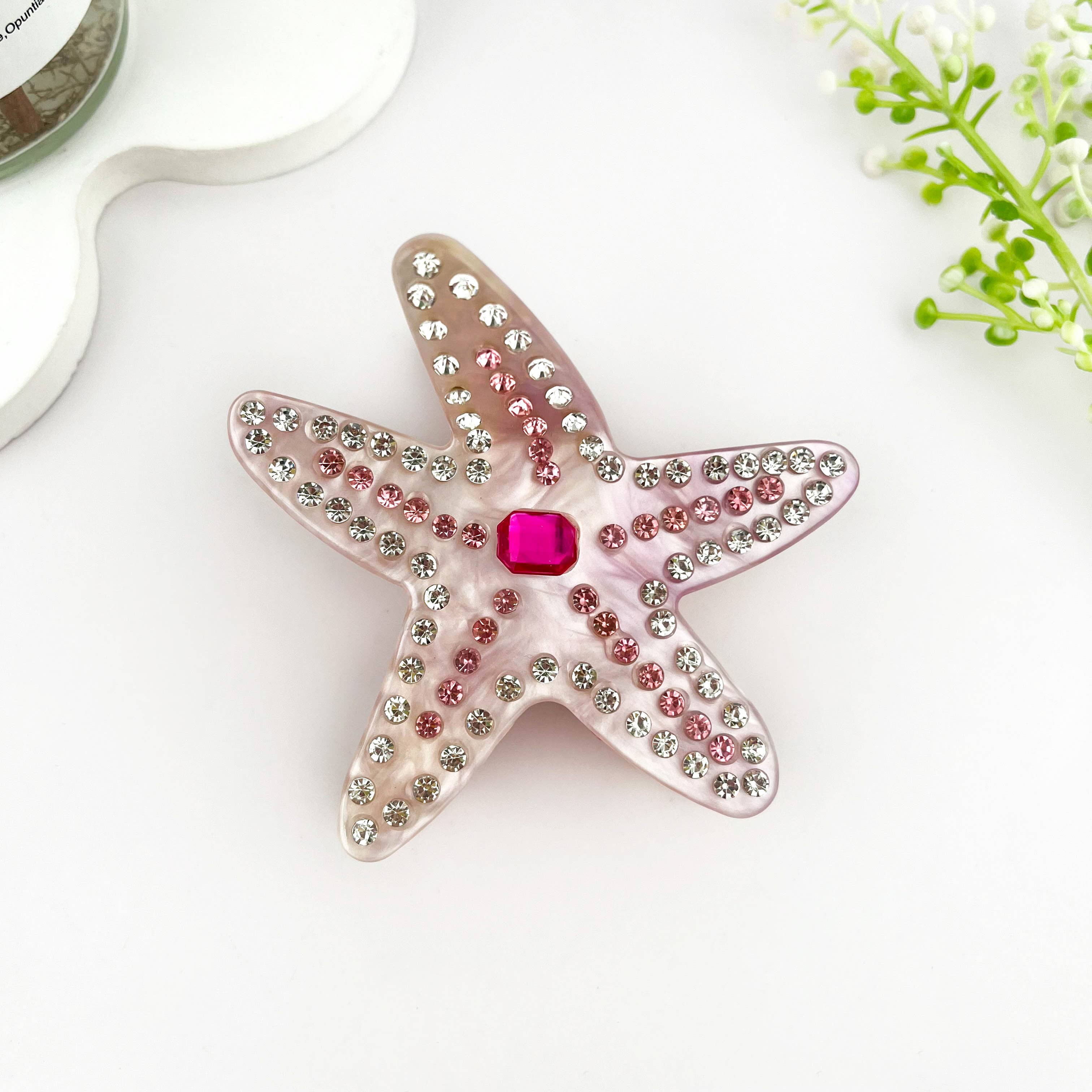 Delicate Rhinestone Starfish Acetate Hair Claw Clip: White